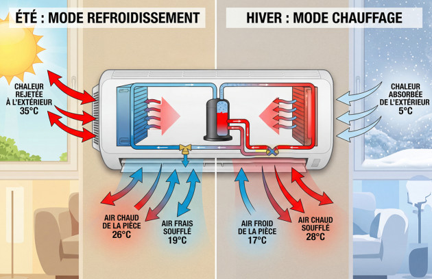 Illustration du fonctionnement réversible d’un climatiseur monobloc en mode froid l’été et chauffage l’hiver.