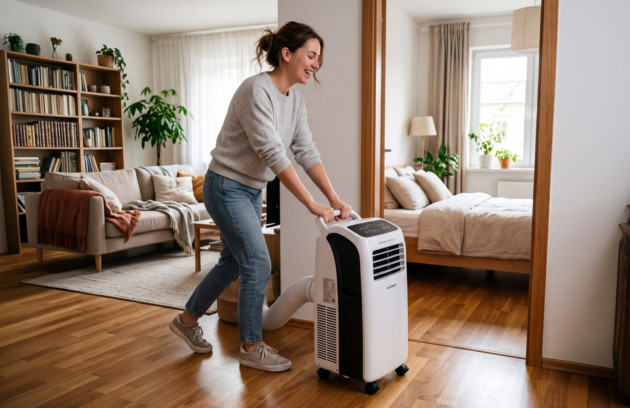 Personne déplaçant un mini climatiseur mobile sur roulettes entre le salon et la chambre pour rafraîchir différentes pièces du logement.