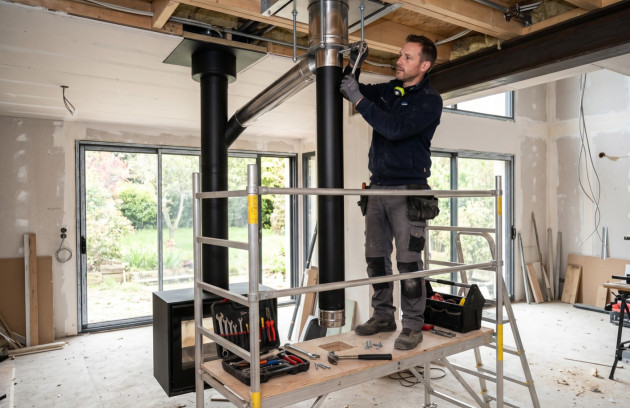 Installation d'un conduit de fumée pour poêle à bois suspendu en cours de rénovation.