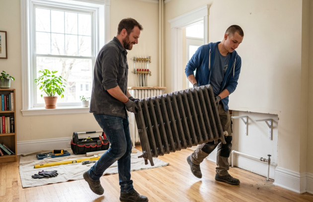 Installation d'un radiateur en fonte par un professionnel.