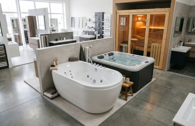 Espace bien-être avec baignoire balnéo, spa à jets et sauna en bois.