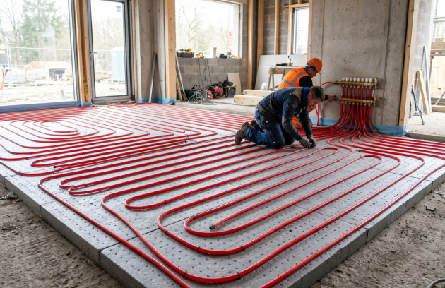 Installation d'un plancher chauffant hydraulique en construction.