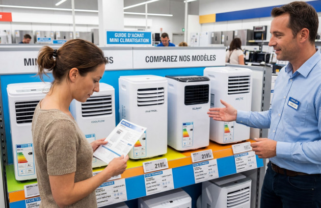 Cliente comparant plusieurs mini climatiseurs mobiles en magasin avec l’aide d’un conseiller, fiches techniques et étiquettes énergie visibles.