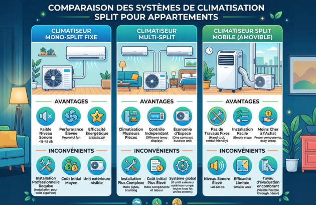 Infographie comparant les différents types de climatiseurs pour appartement : mono-split, multi-split et climatiseur mobile.