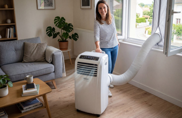 Climatiseur mobile installé dans un salon avec gaine d’évacuation placée à la fenêtre ouverte.
