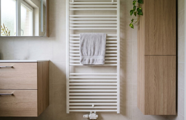 Radiateur sèche-serviettes blanc avec serviette dans une salle de bains lumineuse.