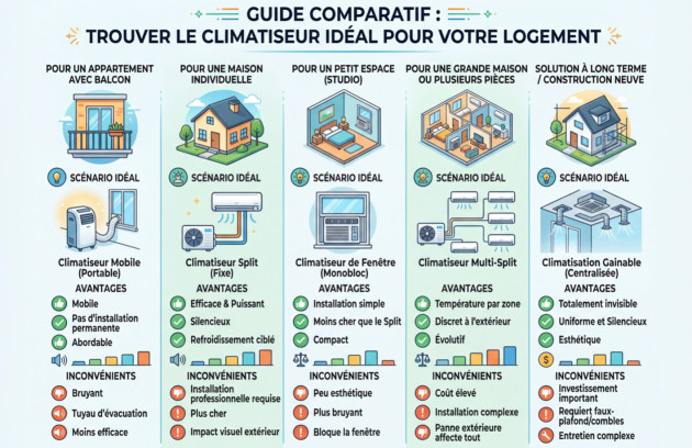 Guide comparatif illustré des principaux types de climatiseurs selon le logement, les avantages et les contraintes.
