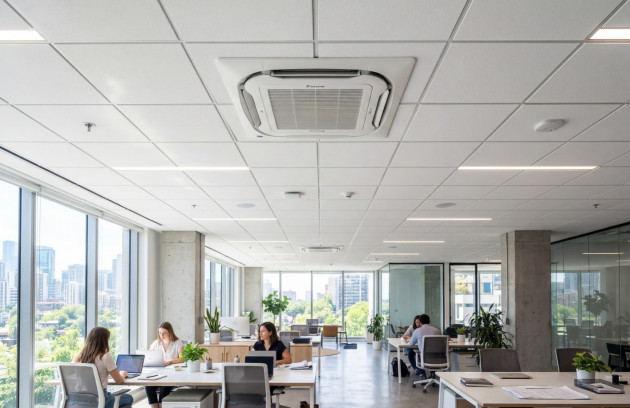 Climatiseur cassette intégré au plafond d’un espace de bureaux lumineux et moderne.