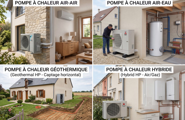 Comparatif des différents types de pompes à chaleur : air-air, air-eau, géothermique et hybride