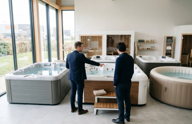 Plusieurs modèles de spas présentés dans un showroom avec un conseiller accompagnant un client.