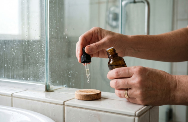 Utilisation d’une huile essentielle à l’aide d’une pipette près de la douche.