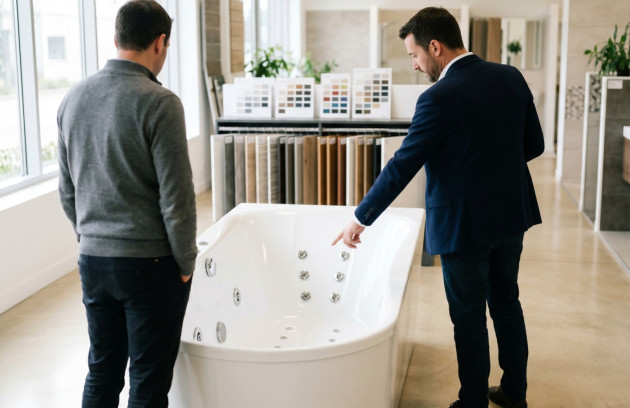 Conseiller présentant les différents jets d’une baignoire balnéo à un client en magasin.