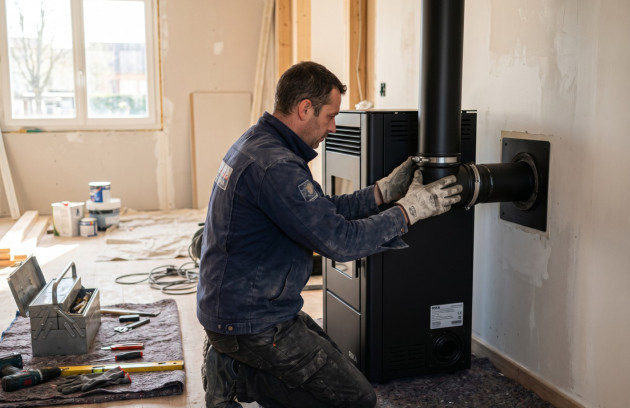 Installation d'un poêle à granulés par un professionnel.