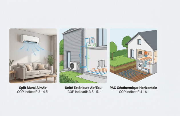 Comparatif des différents types de pompes à chaleur : air/air, air/eau et géothermie