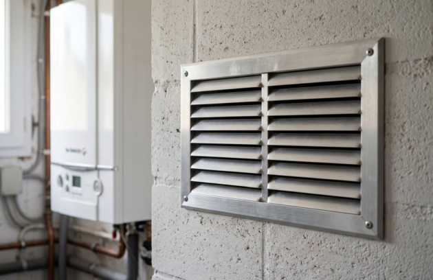 Grille de ventilation conforme dans un local technique de chauffage.