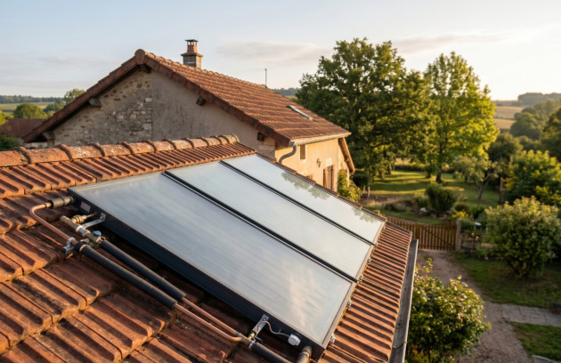 Panneaux solaires thermiques installés sur le toit d’une maison pour produire de l’eau chaude.