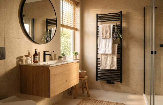 Salle de bains contemporaine avec radiateur sèche-serviettes noir et meuble en bois.
