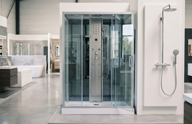 Cabine de douche hydromassante avec jets corporels, douchette et douche de tête intégrées.