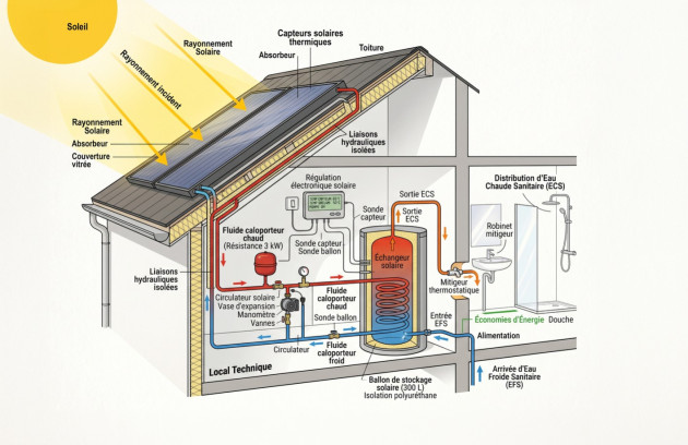 Schéma de fonctionnement d’un chauffe-eau solaire individuel (CESI)