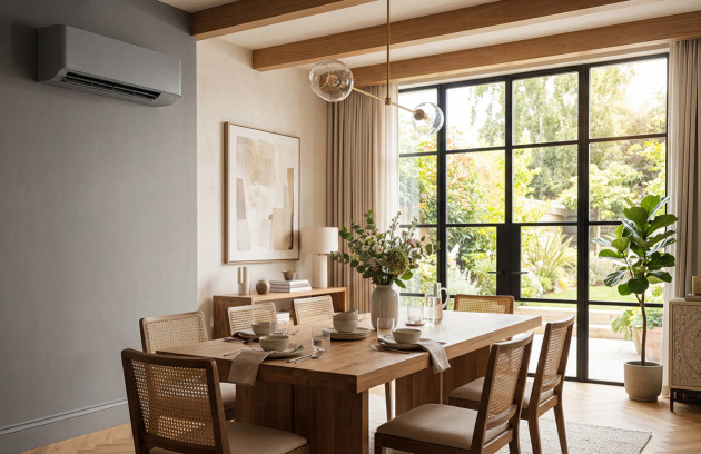 Salle à manger contemporaine équipée d’un climatiseur monobloc mural discret au design moderne.