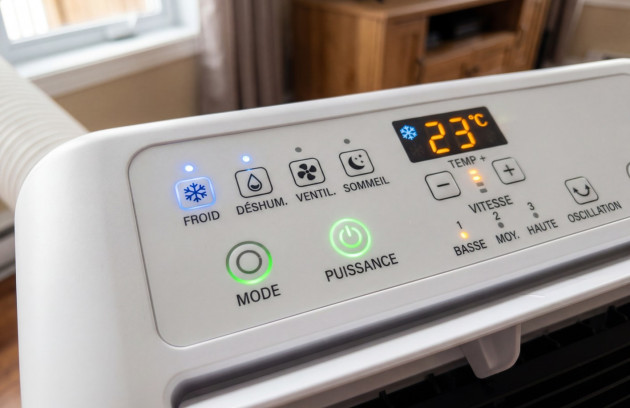 Panneau de commande d’un mini climatiseur mobile avec modes froid, déshumidification, ventilation, sommeil et réglage de température à 23 °C.