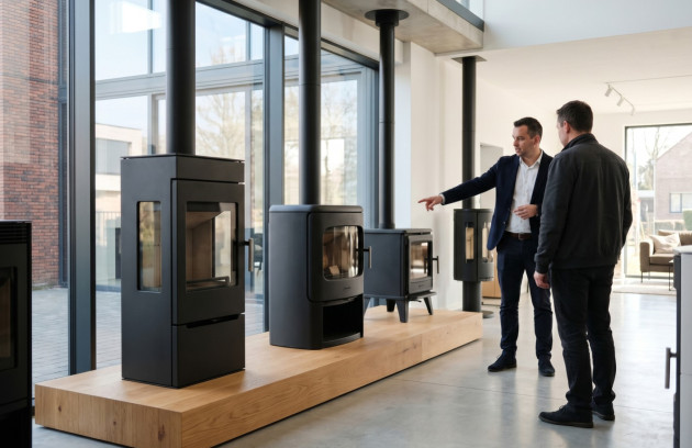 Présentation de plusieurs modèles de poêles à bois et à granulés dans un showroom.