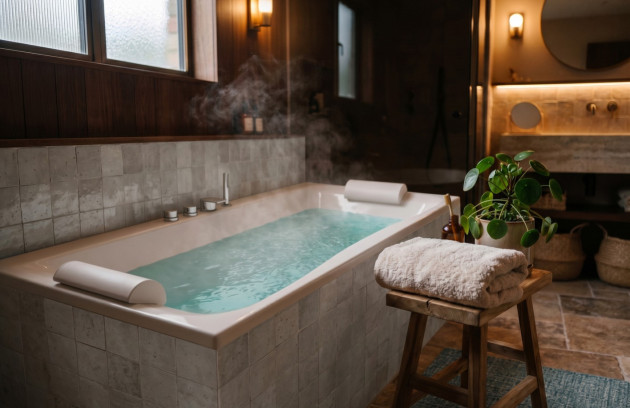Baignoire balnéo remplie d’eau chaude dans une ambiance chaleureuse propice à la détente.