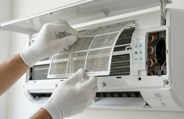 Nettoyage des filtres d’une climatisation murale lors de l’entretien domestique