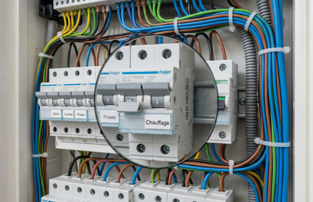 Tableau électrique domestique avec disjoncteurs et câblage organisé, illustrant le circuit dédié pour le branchement sécurisé d’un radiateur électrique selon la norme NF C 15-100.