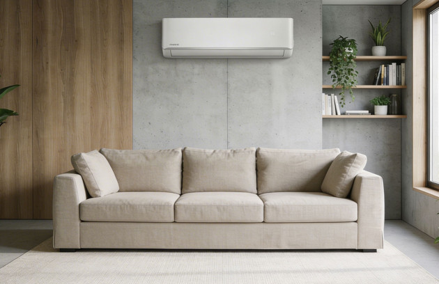 Salon minimaliste avec climatiseur mural split au-dessus du canapé, installation fixe et discrète.