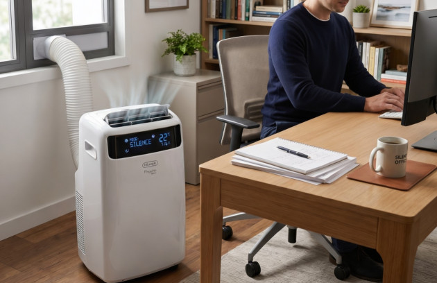 Climatiseur mobile silencieux dans un bureau à domicile pour un meilleur confort de travail