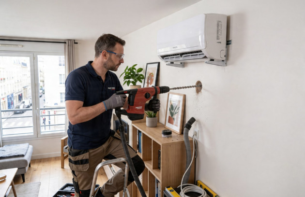 Technicien installant une unité de climatisation murale dans un appartement.