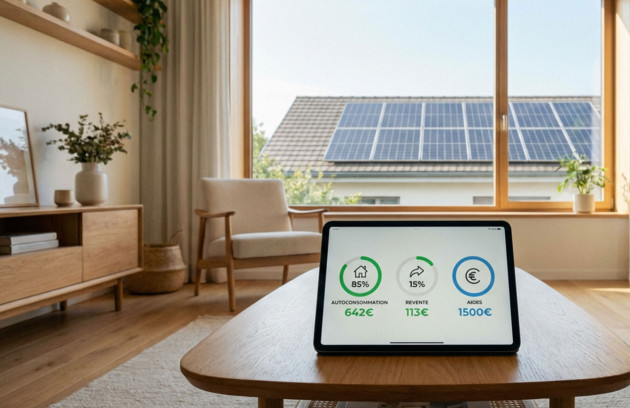 Tablette affichant les économies d’énergie et le taux d’autoconsommation d’une installation solaire, dans un salon avec vue sur des panneaux solaires installés sur la toiture d’une maison.