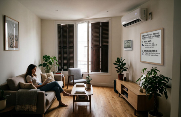 Salon d’appartement équipé d’une climatisation murale réversible avec affichage de conseils d’utilisation.