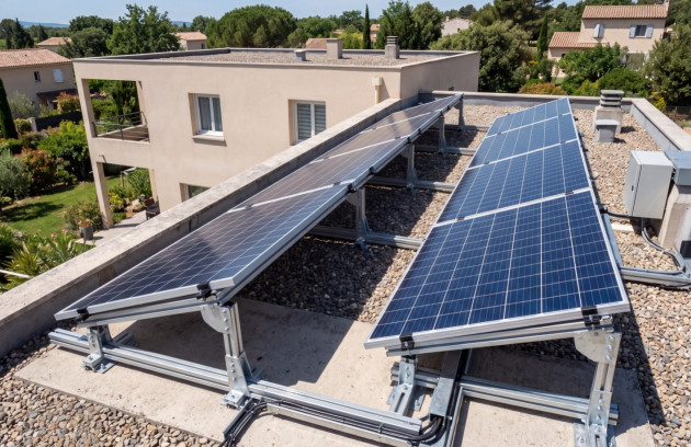Installation de panneaux solaires sur toiture plate avec structure inclinée.