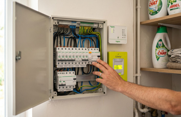 Tableau électrique domestique ouvert avec disjoncteurs et compteur électrique.