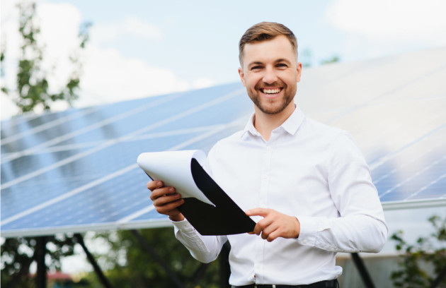 Personne toute heureuse qui a planifié son orientation de panneaux solaires