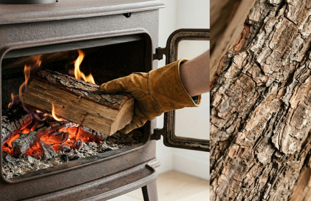 Poêle à bois en fonctionnement avec une bûche en cours de combustion, insérée à la main dans un foyer fermé, illustrant le chauffage au bois et la texture naturelle du bois.
