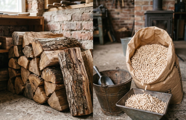 Comparaison entre des bûches de bois et des granulés utilisés pour alimenter un poêle.