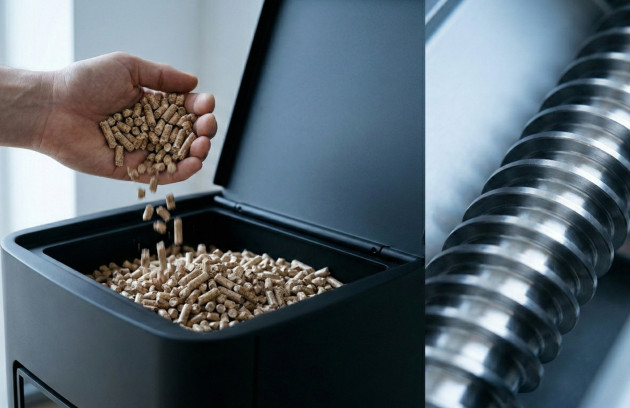 Remplissage d’un réservoir de poêle à granulés avec des pellets, illustrant l’alimentation automatique et le système de vis sans fin pour le chauffage au bois.