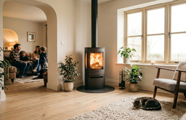 Poêle à bois design chauffant une pièce lumineuse avec famille en arrière-plan
