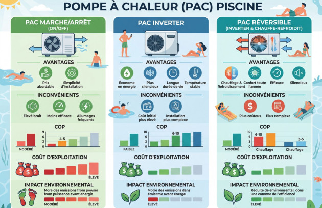 Comparatif des pompes à chaleur piscine marche arrêt, Inverter et réversible avec avantages, inconvénients, COP, coût d’exploitation et impact environnemental.