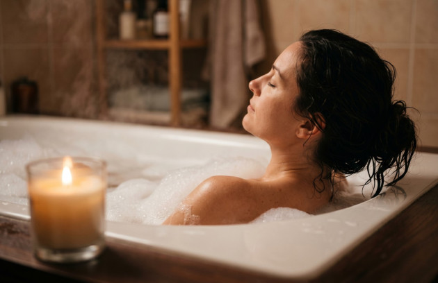 Femme profitant d’un bain chaud et moussant dans une atmosphère propice à la relaxation.