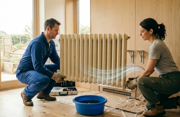 Deux professionnels retirent un radiateur en fonte lors de travaux de rénovation intérieure