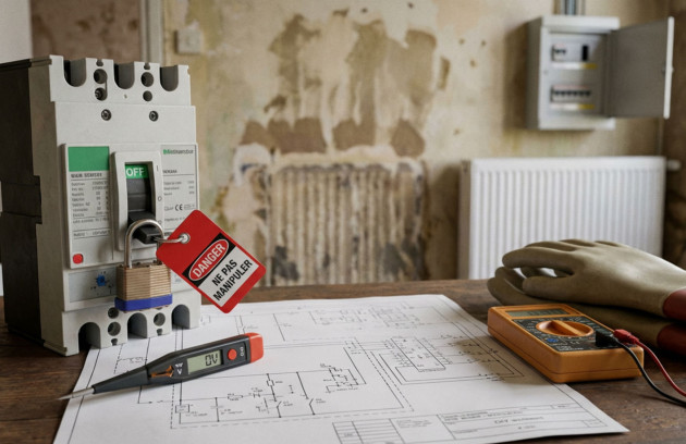 Disjoncteur électrique sécurisé avec cadenas et panneau danger, multimètre et schéma de câblage illustrant les précautions avant le branchement d’un radiateur électrique.