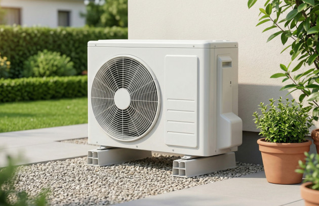 Unité extérieure de climatisation installée sur plots dans un jardin résidentiel
