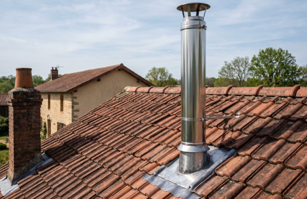Conduit de fumée en toiture pour poêle à granulés.