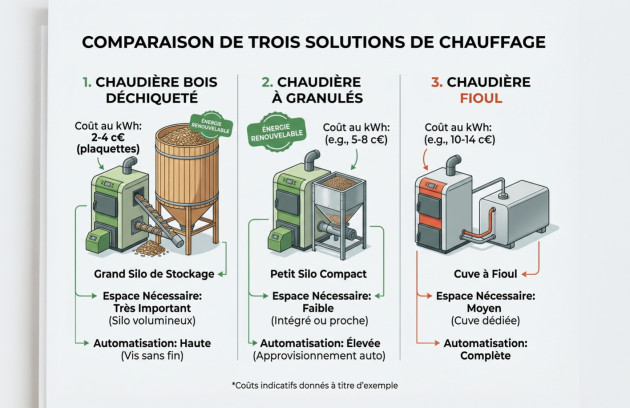 Comparatif entre chaudière à bois déchiqueté, chaudière à granulés et chaudière fioul