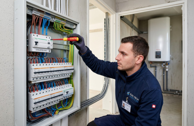 Électricien réalisant le raccordement électrique d’un chauffe-eau