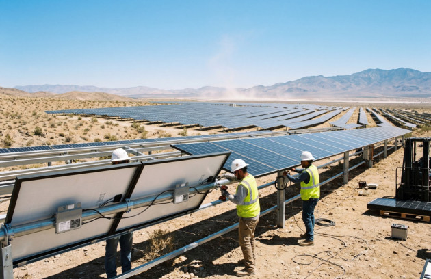 Techniciens installant des panneaux solaires avec micro-onduleurs sur une centrale photovoltaïque au sol.